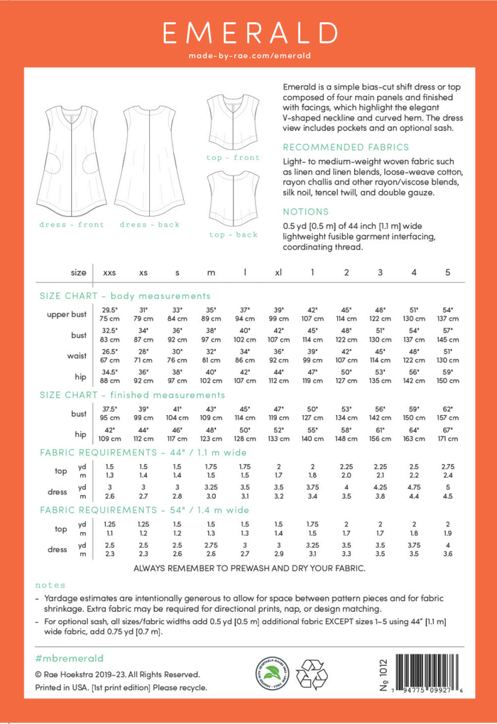 Made By Rae Emerald Dress pattern featuring a V-shaped neckline, curved hem, and optional pockets