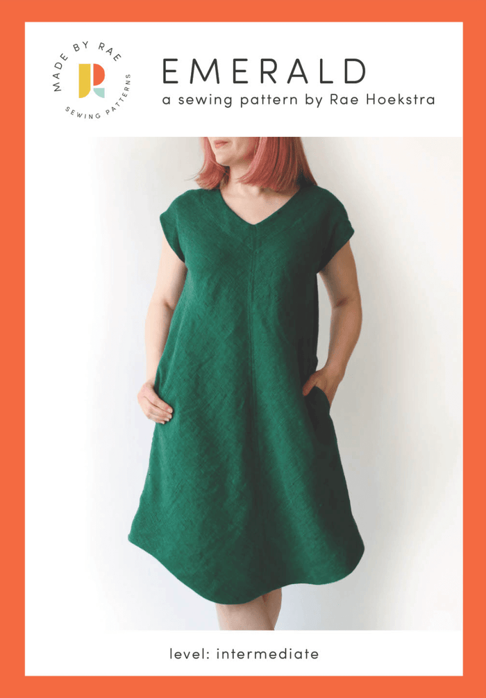 Made By Rae Emerald Dress pattern featuring a V-shaped neckline, curved hem, and optional pockets
