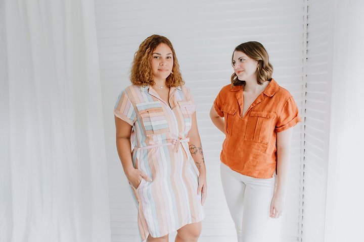 Sew to Grow Sydni Shirt-Dress pattern showing optional collar, front pleated pockets, and tie belt.