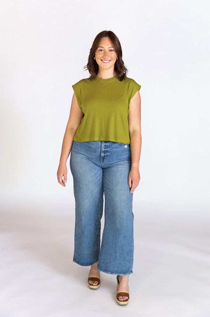 Chalk & Notch Max Tee sewing pattern with cropped and hip-length options, muscle tee shoulders, and three neckline finishes in sizes 0–30.
