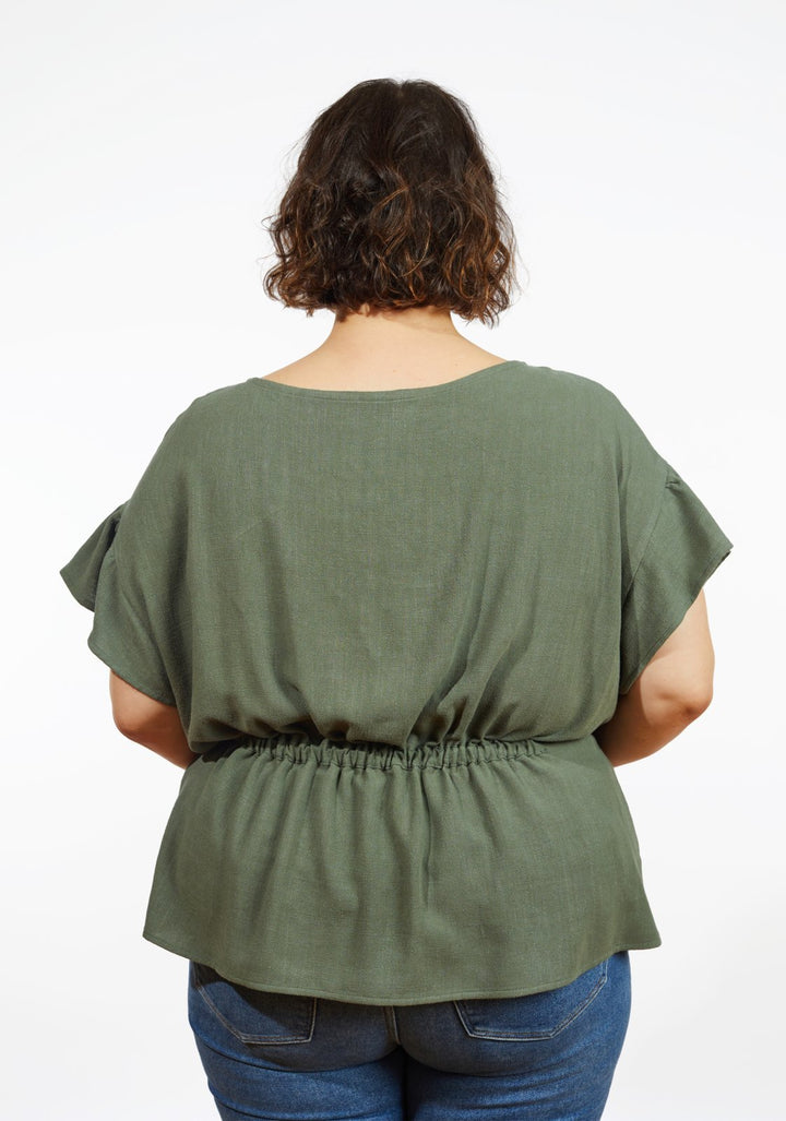 Grainline Studio Corbin Top sewing pattern for sizes 14–32, featuring ruffled cap and 3/4-length sleeve options.