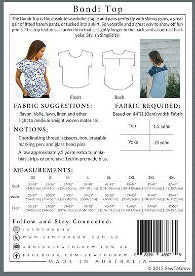 Sew to Grow Bondi Top sewing pattern, curved hem, contrast back yoke, versatile wardrobe staple