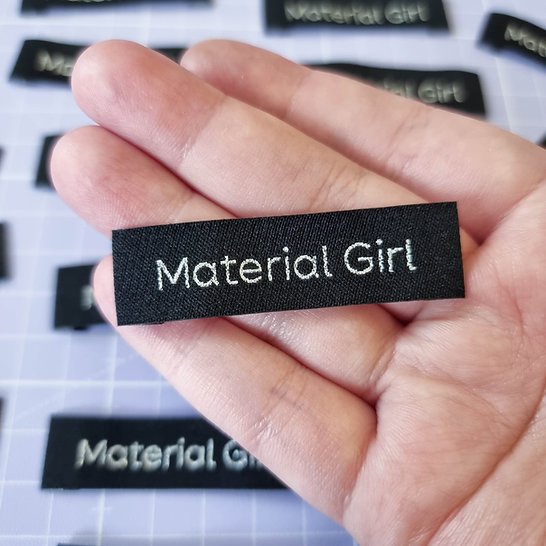 SA Labels Material Girl silver sparkle garment tags for sewing enthusiasts and fabric lovers