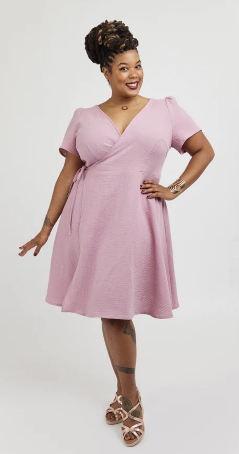 Cashmerette Roseclair Dress sewing pattern with wrap design, three sleeve and skirt variations, and curve-friendly fit in sizes 0–32.