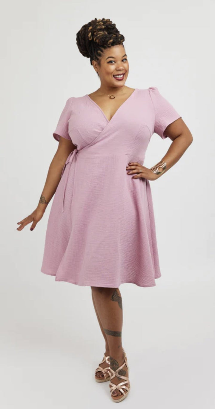 Cashmerette Roseclair Dress sewing pattern with wrap design, three sleeve and skirt variations, and curve-friendly fit in sizes 0–32.