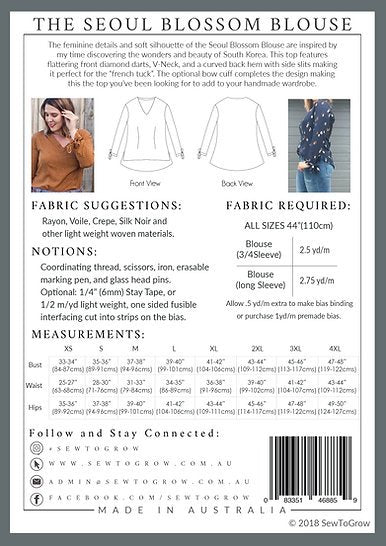 Sew to Grow Seoul Blossom Blouse with V-neck, curved back hem, side slits, and optional bow cuff.