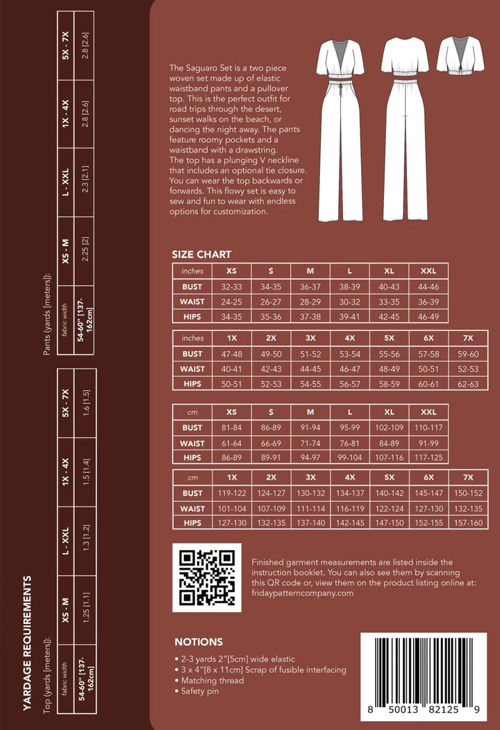 Friday Pattern Co. Saguaro Set sewing pattern featuring flowy pants with pockets and a reversible V-neck pullover top, sizes XS–7X.