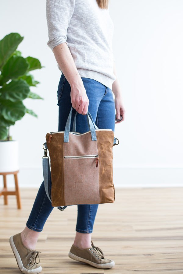 Noodlehead Redwood Tote sewing pattern for DIY crossbody bag with zippered pockets and adjustable strap