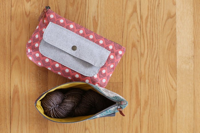 Noodlehead Caravan Tote and Pouch sewing pattern for DIY knitting bag with zippered pockets and matching accessory