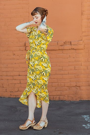 Sew to Grow Charlianne Wrap Dress sewing pattern, flutter sleeves, maxi tulip hem, tailored darts, elegant handmade dress