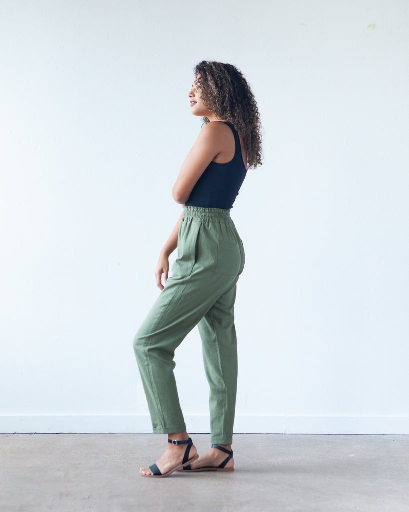 True Bias Dani Short & Pant sewing pattern with shorts and ankle-length pant variations, paperbag waist, pockets, and cuffed hem in sizes 0–18.
