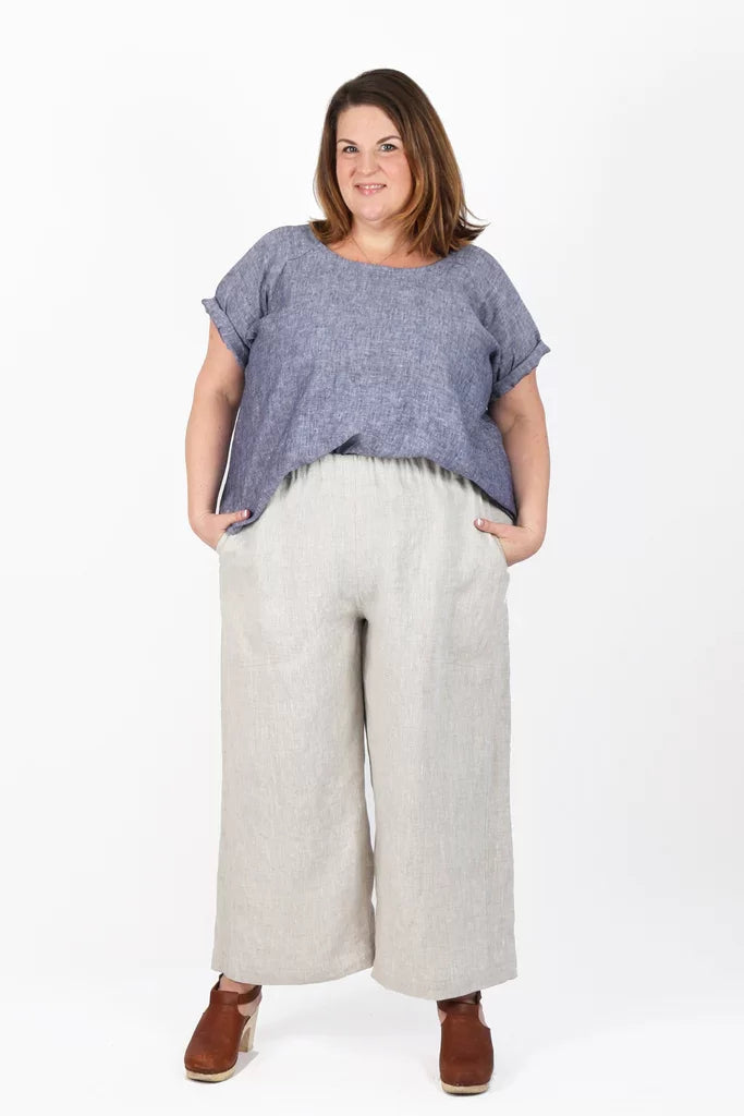 Sew House Seven Free Range Slacks sewing pattern in curvy sizes with elastic waist, tapered and cropped leg options