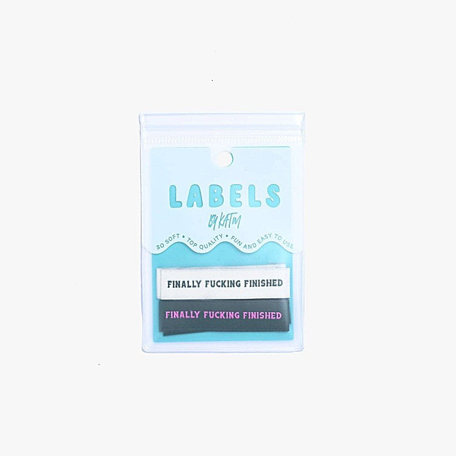 Finally F*cking Finished woven labels by Kylie and the Machine in cream/dark green and forest green/pink color combinations - humorous sewing completion tags