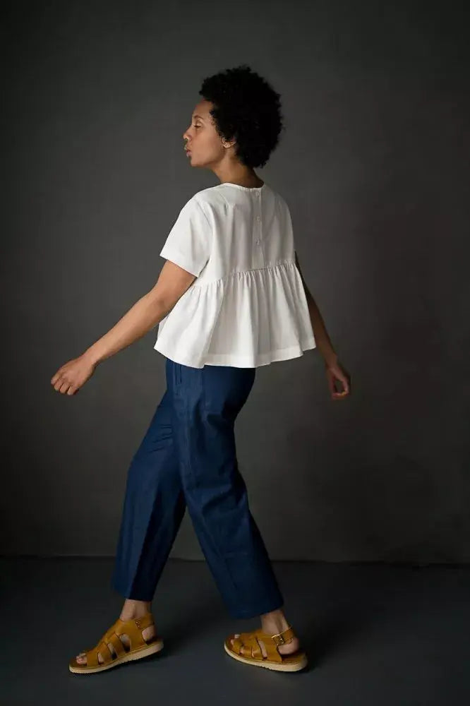 Merchant & Mills Florence Top sewing pattern – button-back blouse with high-low hem for linen, cotton, and tencel fabrics
