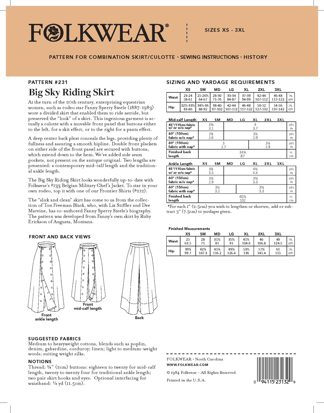 Pattern - Folkwear - Big Sky Riding Skirt