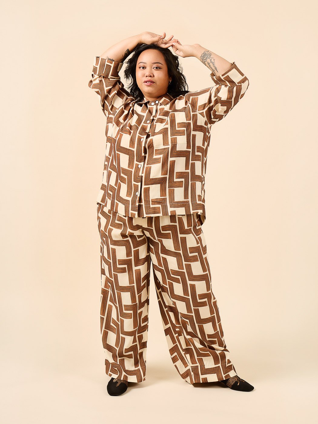Closet Core Fran Pajamas sewing pattern – tailored two-piece pajama set with cuffed top and straight-legged bottoms