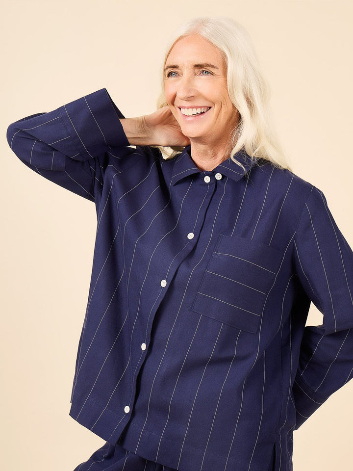 Closet Core Fran Pajamas sewing pattern – tailored two-piece pajama set with cuffed top and straight-legged bottoms