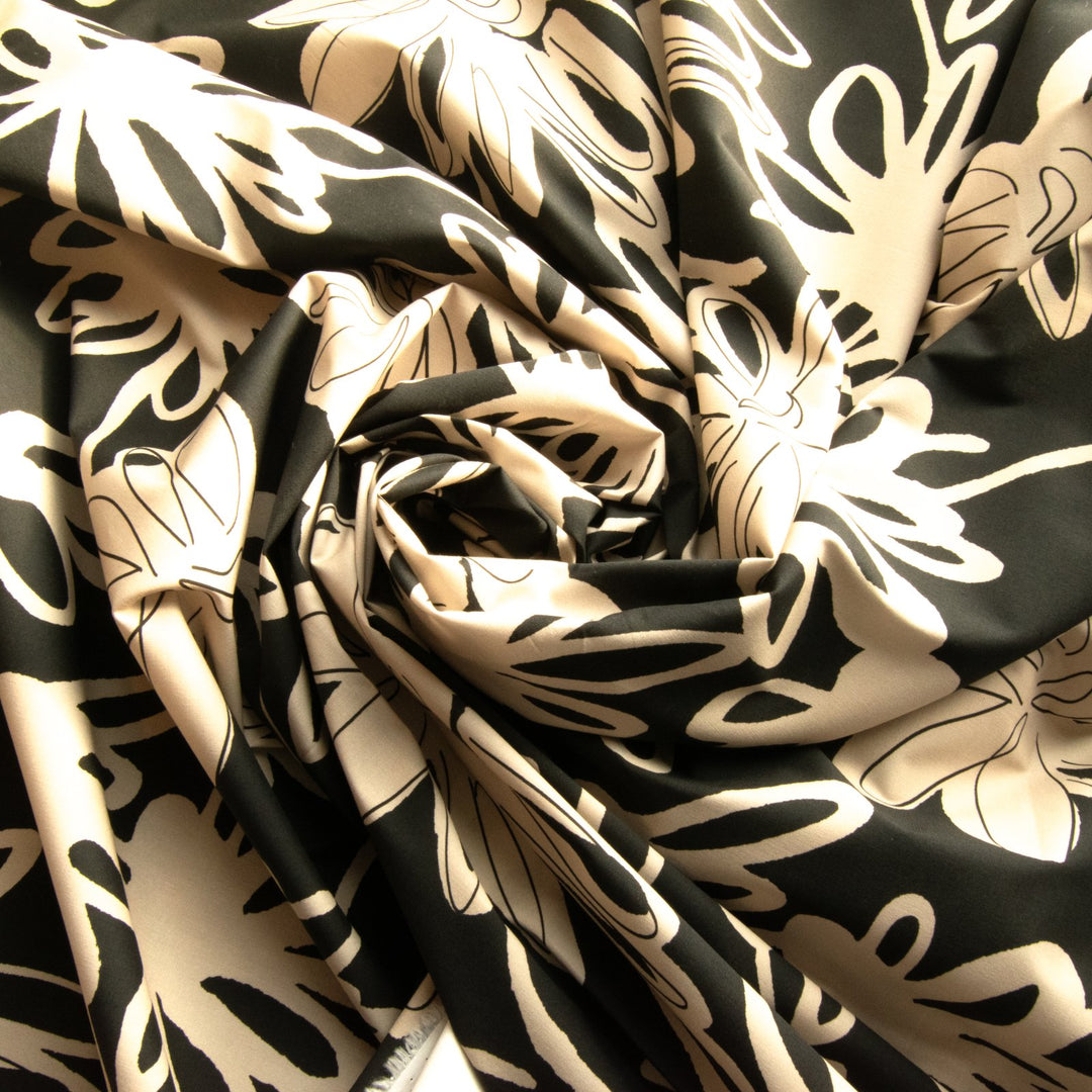 French cotton poplin fabric with large black and tan floral print, 57-inch wide deadstock textile