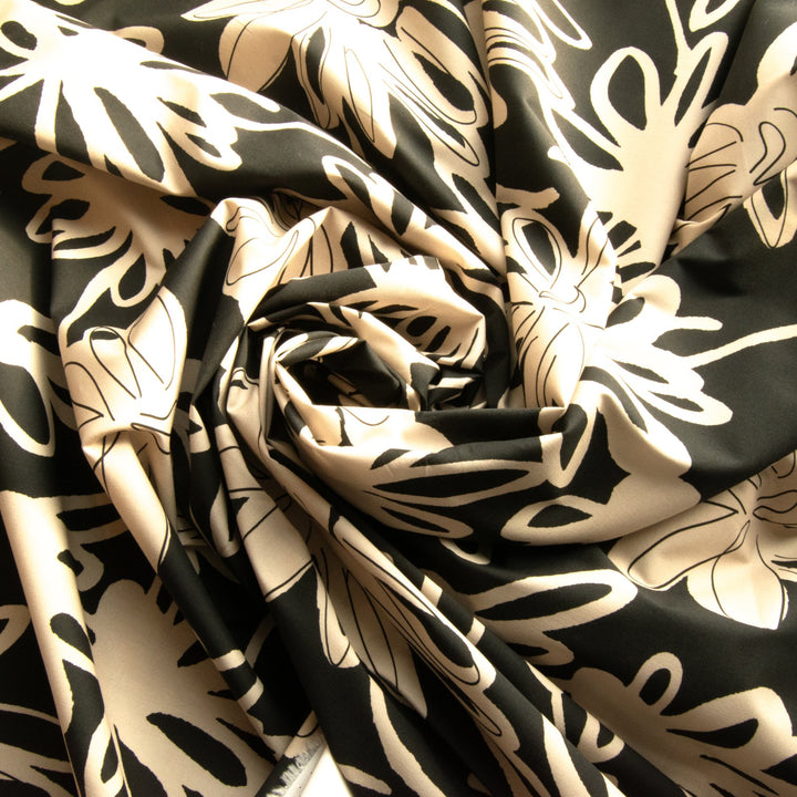 French cotton poplin fabric with large black and tan floral print, 57-inch wide deadstock textile