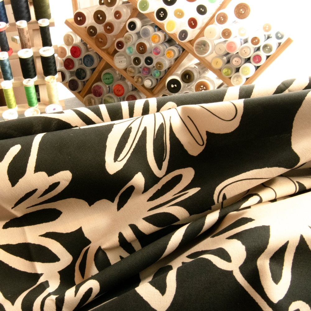 French cotton poplin fabric with large black and tan floral print, 57-inch wide deadstock textile