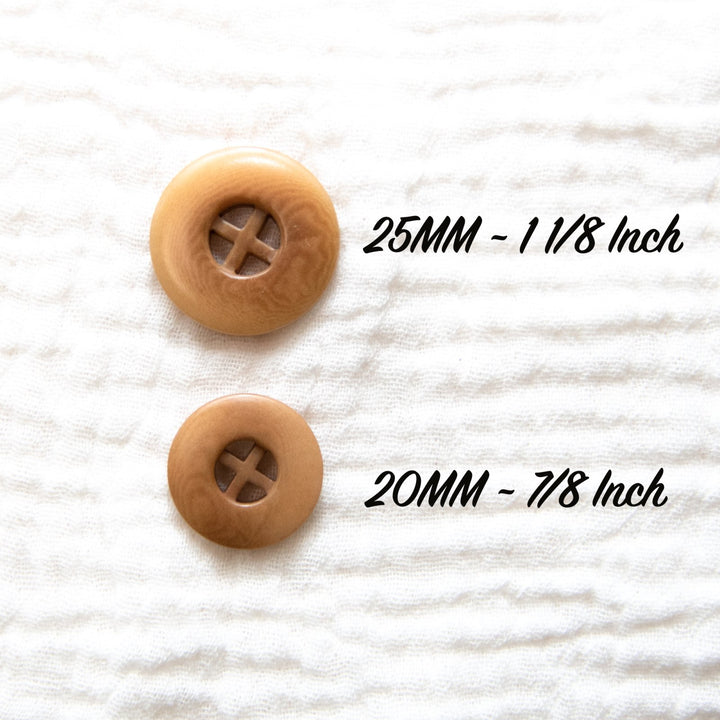 Honey Tan Cross Design Corozo Buttons - Eco-Friendly Four-Hole Vegetable Ivory Buttons in 20mm and 25mm Sizes