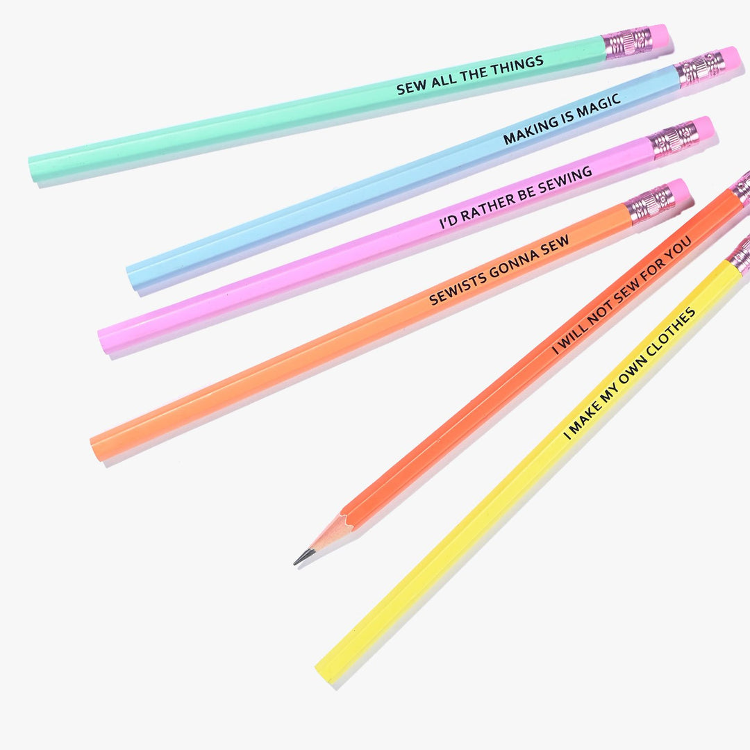 Colorful sewing-themed pencils with fun slogans for sewists and craft lovers