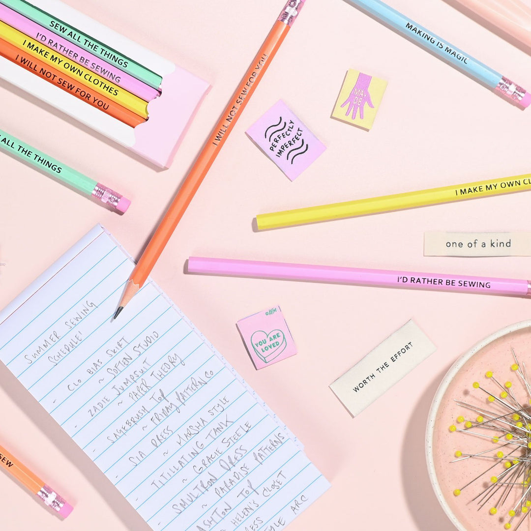Colorful sewing-themed pencils with fun slogans for sewists and craft lovers