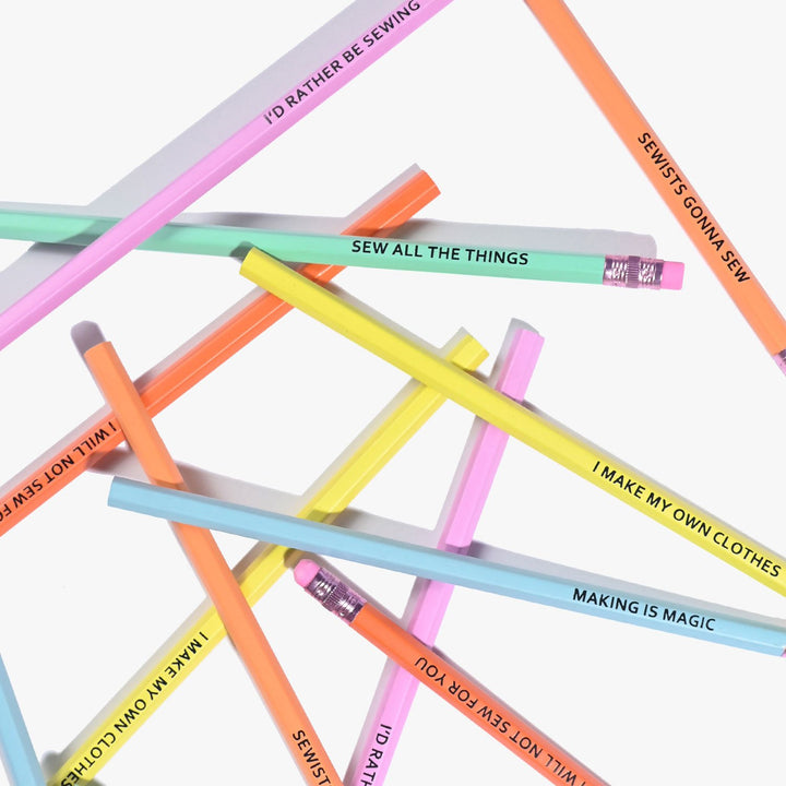 Colorful sewing-themed pencils with fun slogans for sewists and craft lovers