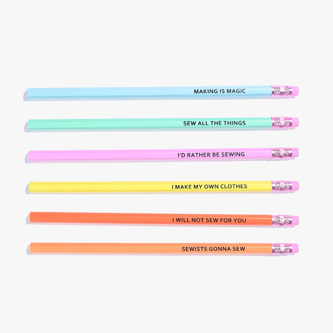 Colorful sewing-themed pencils with fun slogans for sewists and craft lovers