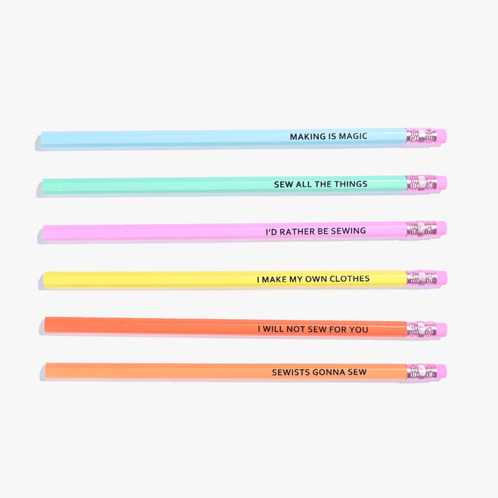 Colorful sewing-themed pencils with fun slogans for sewists and craft lovers
