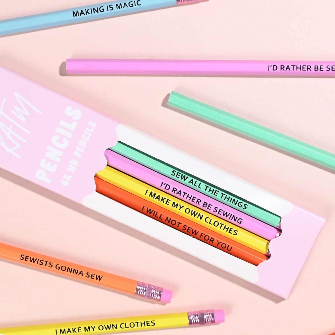 Colorful sewing-themed pencils with fun slogans for sewists and craft lovers