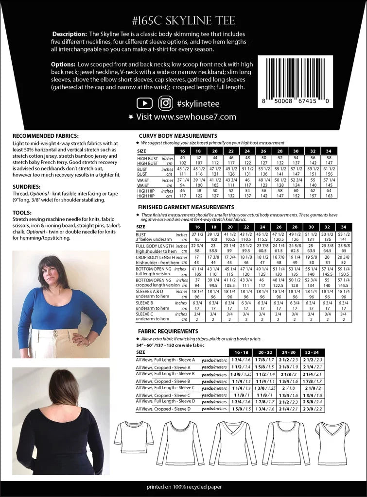 Sew House Seven Skyline Tee Curvy sewing pattern – plus-size knit t-shirt with customizable necklines and sleeves for sizes 16-34