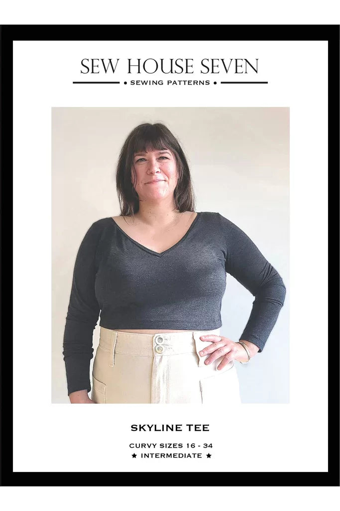 Sew House Seven Skyline Tee Curvy sewing pattern – plus-size knit t-shirt with customizable necklines and sleeves for sizes 16-34