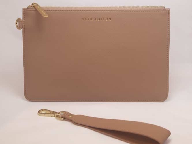 Everyday wristlet clutch in neutral color with removable strap and minimalist design.