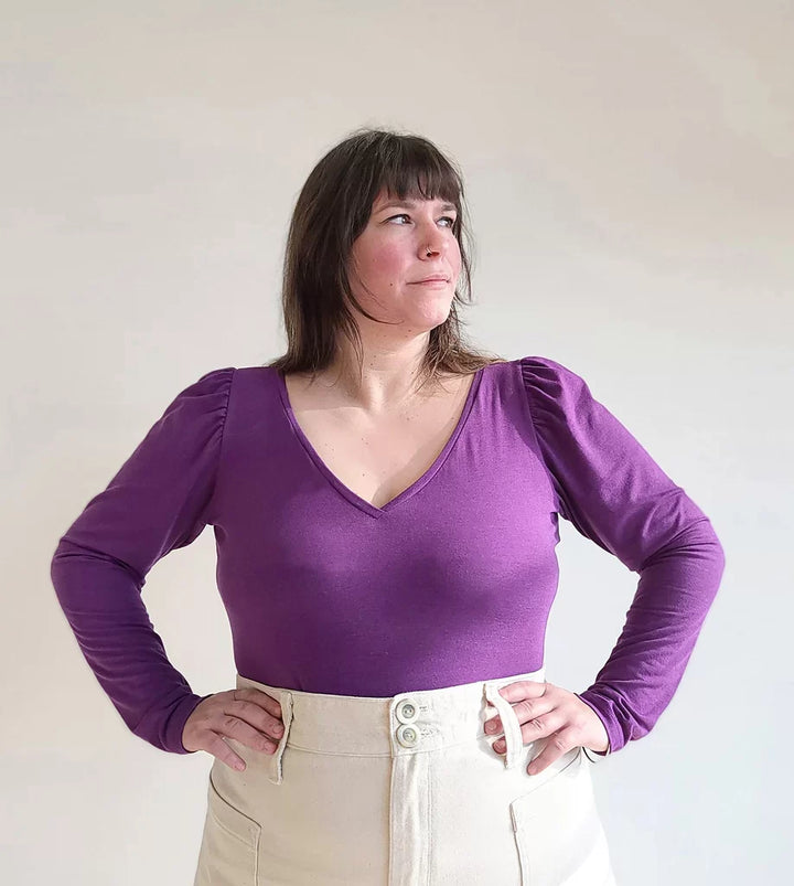 Sew House Seven Skyline Tee Curvy sewing pattern – plus-size knit t-shirt with customizable necklines and sleeves for sizes 16-34