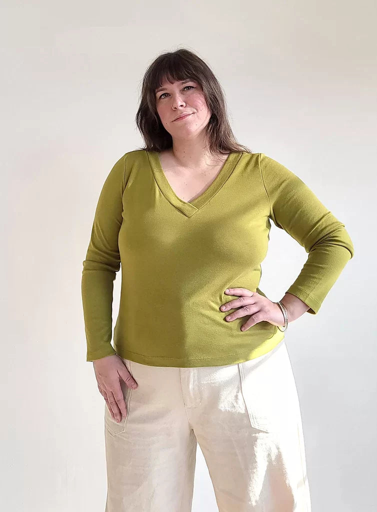 Sew House Seven Skyline Tee Curvy sewing pattern – plus-size knit t-shirt with customizable necklines and sleeves for sizes 16-34
