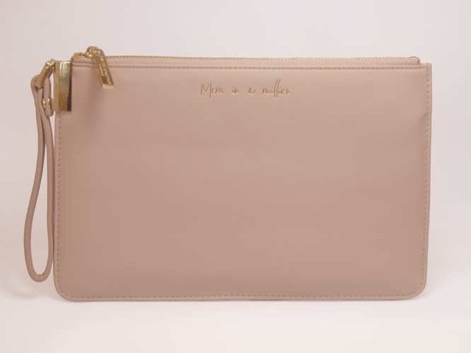 Everyday wristlet clutch in neutral color with removable strap and minimalist design.
