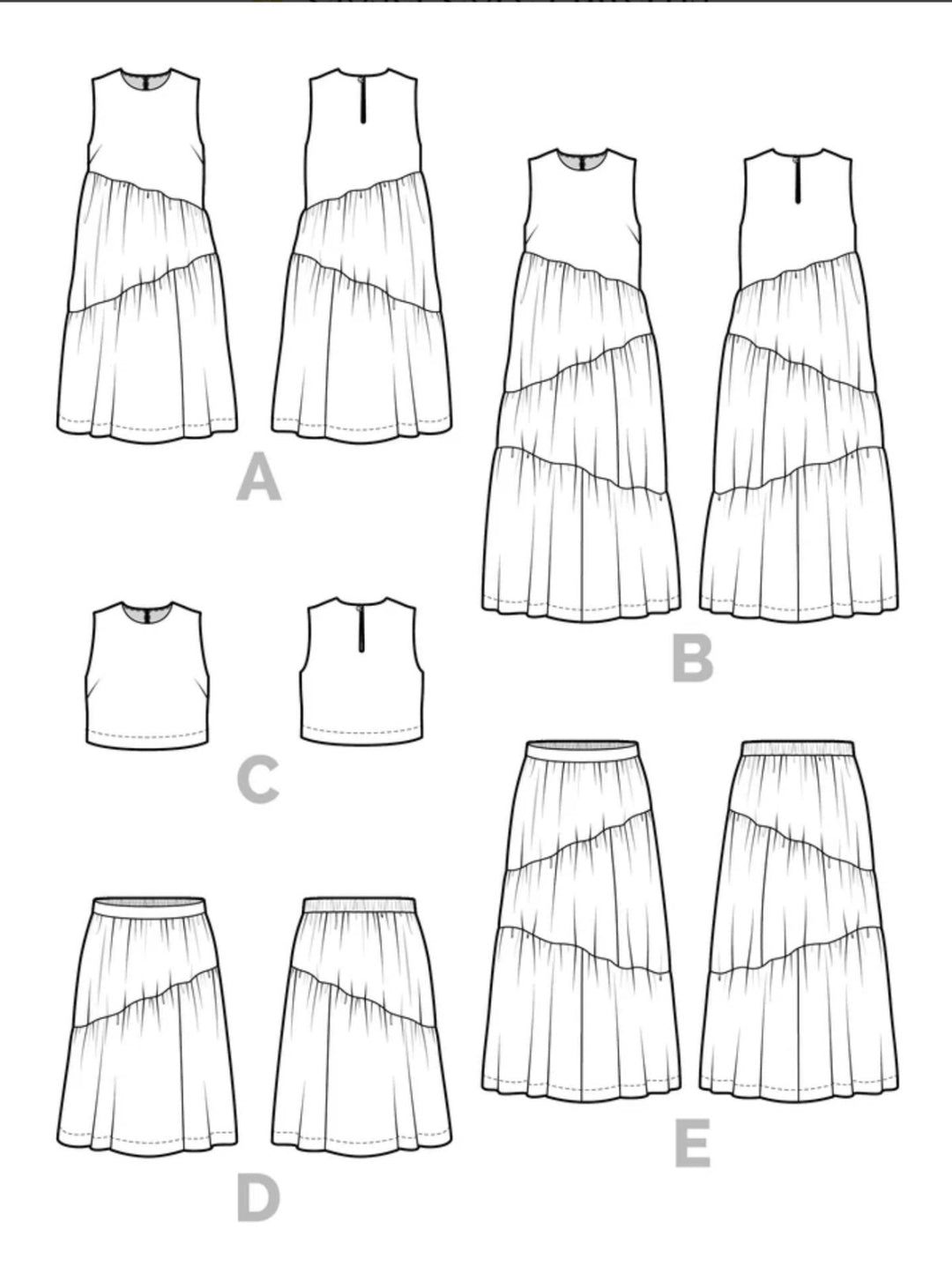 Closet Core Azure sewing pattern – versatile dress, skirt, and sleeveless top with tiered gathered design