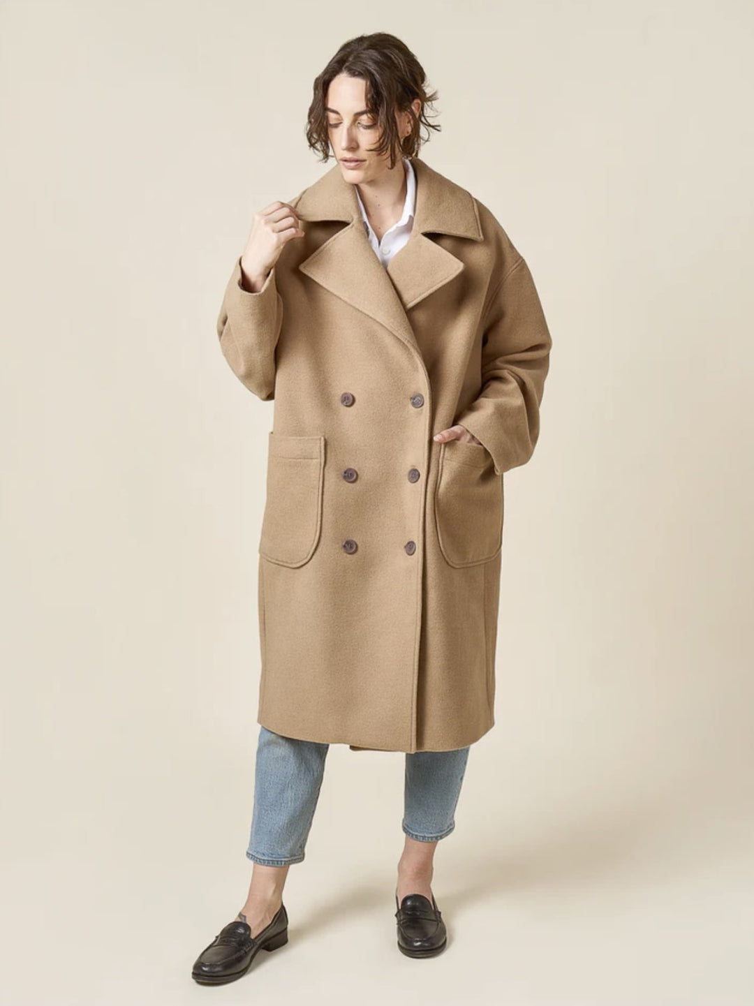 Closet Core Phoebe Coat sewing pattern in oversized double-breasted style