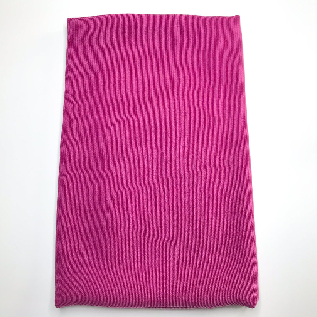 Magenta rayon rib fabric remnant – 1 yard 18 inches wide, soft ribbed texture with 20% crosswise stretch, designer deadstock textile for sewing projects.