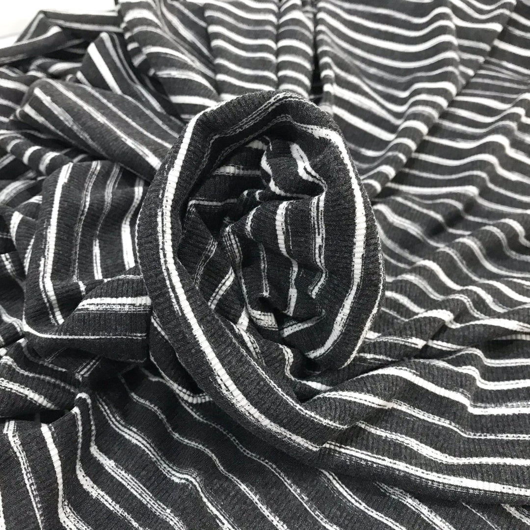 Charcoal White Stripes Rayon Rib Knit Fabric - 95% Rayon 5% Elastane - Stretchy Deadstock Material for Cardigans & Tees