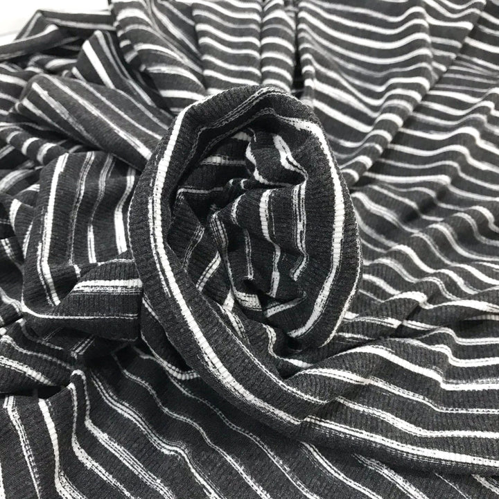 Charcoal White Stripes Rayon Rib Knit Fabric - 95% Rayon 5% Elastane - Stretchy Deadstock Material for Cardigans & Tees