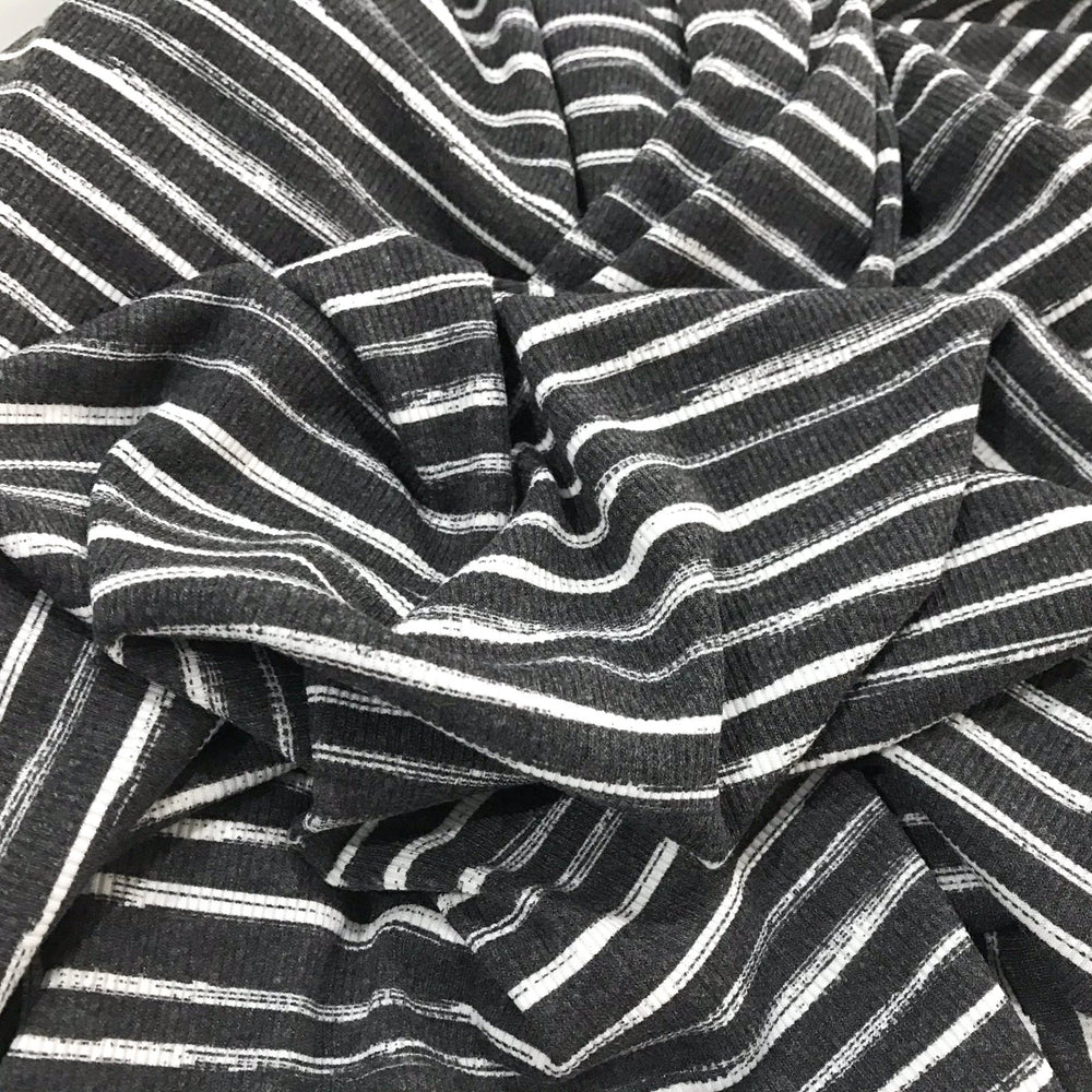 Charcoal White Stripes Rayon Rib Knit Fabric - 95% Rayon 5% Elastane - Stretchy Deadstock Material for Cardigans & Tees