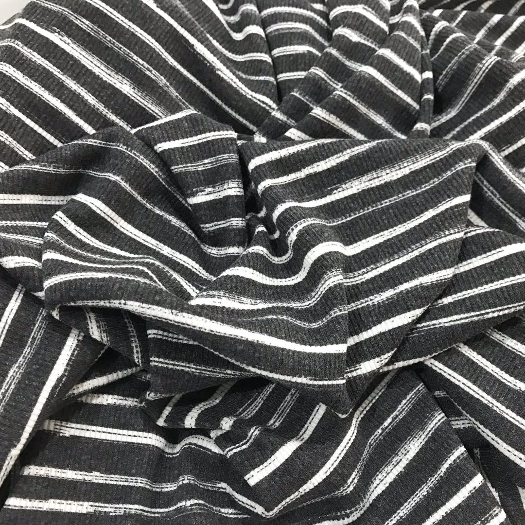 Charcoal White Stripes Rayon Rib Knit Fabric - 95% Rayon 5% Elastane - Stretchy Deadstock Material for Cardigans & Tees