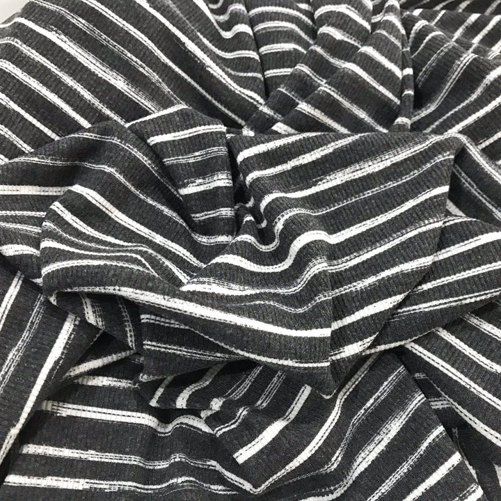 Charcoal White Stripes Rayon Rib Knit Fabric - 95% Rayon 5% Elastane - Stretchy Deadstock Material for Cardigans & Tees