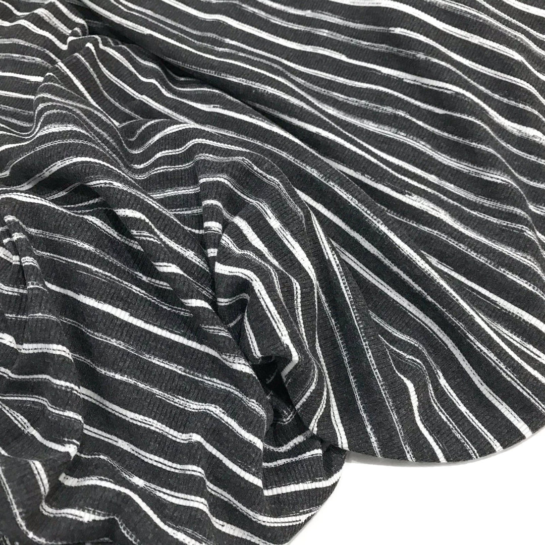 Charcoal White Stripes Rayon Rib Knit Fabric - 95% Rayon 5% Elastane - Stretchy Deadstock Material for Cardigans & Tees