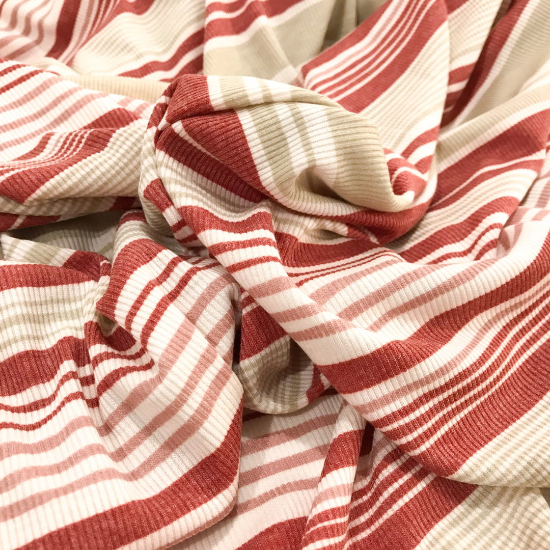 Brick Tan Mauve Stripes Rayon Rib Knit Fabric - 95% Rayon 5% Elastane - Wide Stretchy Deadstock Material for Cardigans & Tees