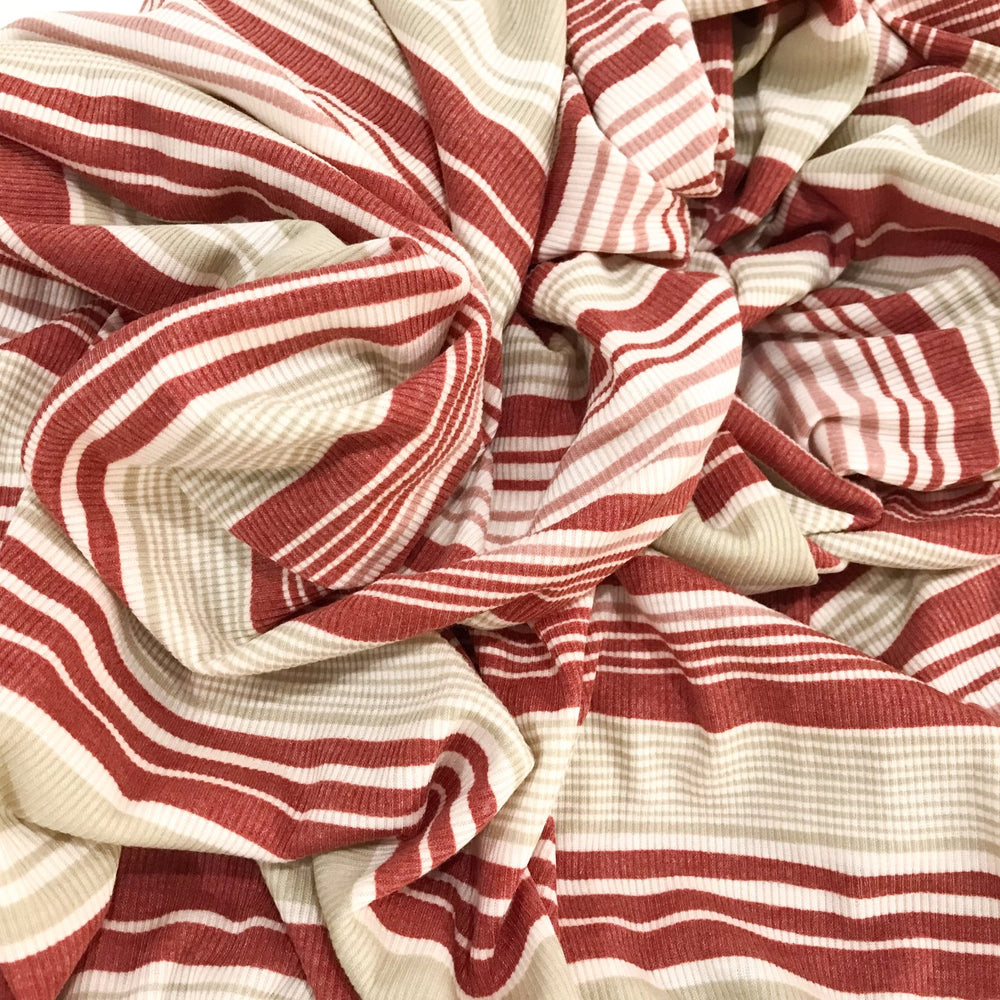 Brick Tan Mauve Stripes Rayon Rib Knit Fabric - 95% Rayon 5% Elastane - Wide Stretchy Deadstock Material for Cardigans & Tees