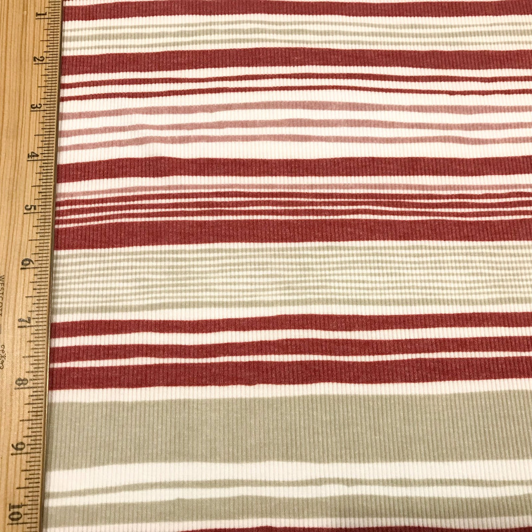 Brick Tan Mauve Stripes Rayon Rib Knit Fabric - 95% Rayon 5% Elastane - Wide Stretchy Deadstock Material for Cardigans & Tees