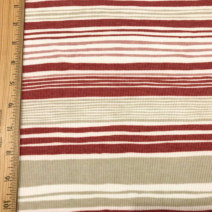 Brick Tan Mauve Stripes Rayon Rib Knit Fabric - 95% Rayon 5% Elastane - Wide Stretchy Deadstock Material for Cardigans & Tees